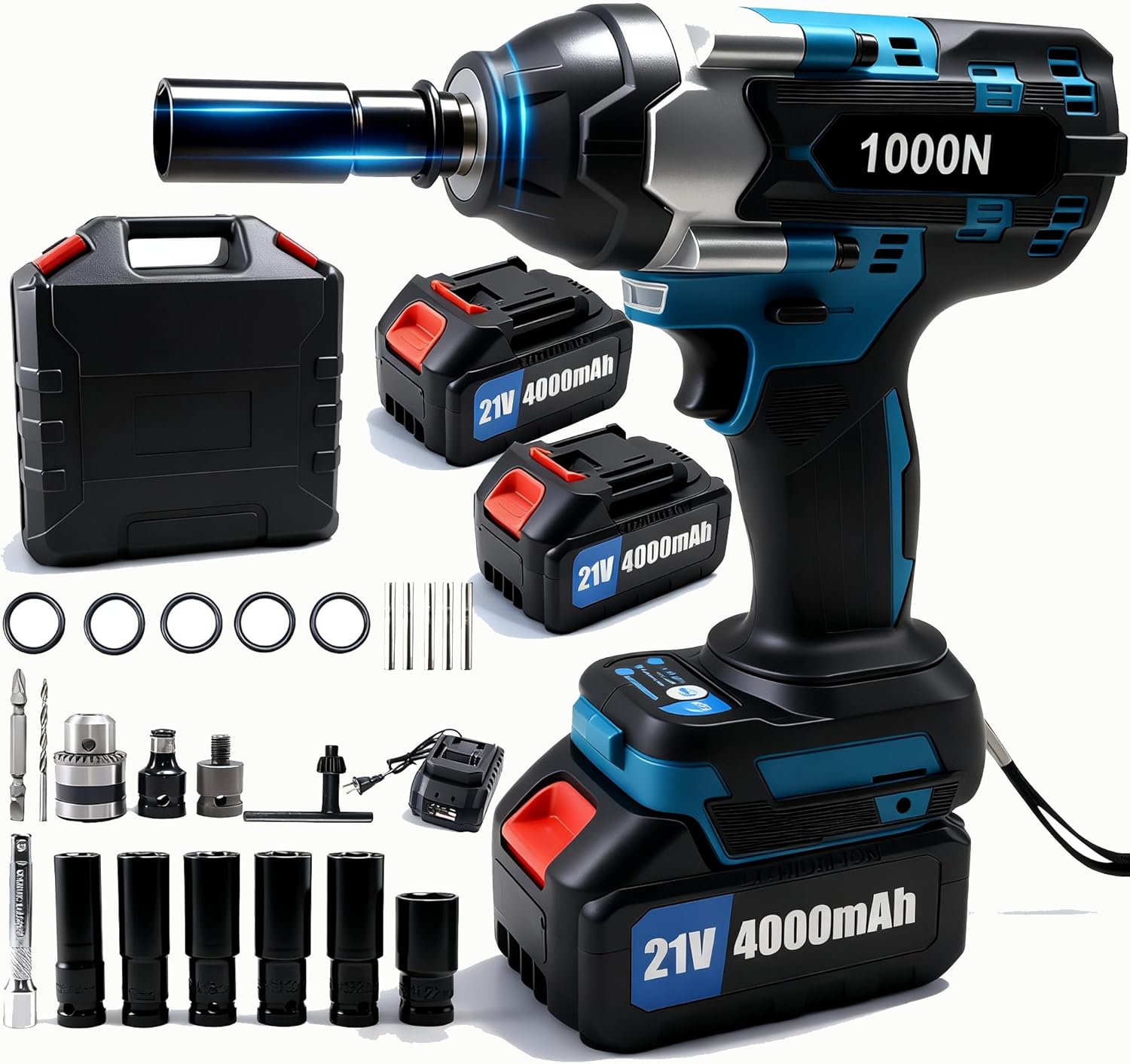 Impact wrench, 1/2" impact drill,1000N.m/737Ft-lbs Cordless Impact Wrench,Brushless taladro de Impact gun with two 4000 mAh batteries, a fast charging dock, and 23 auxiliary tools