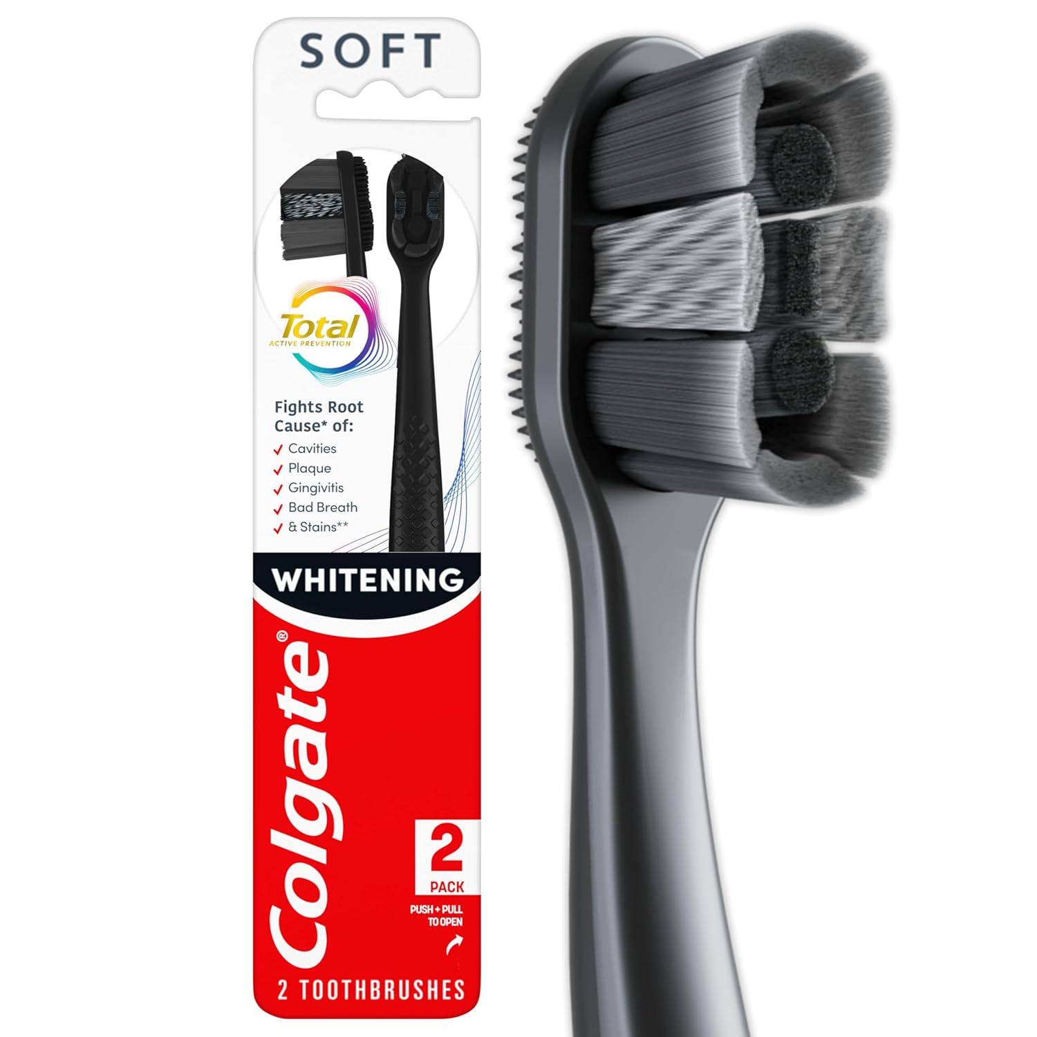 Total Active Prevention Soft Bristle Whitening Toothbrushes, Soft Toothbrush with Charcoal Infused Bristles, Helps Whiten and Reaches Deeper Along The Gumline and Between Teeth, Black, 2 Pack
