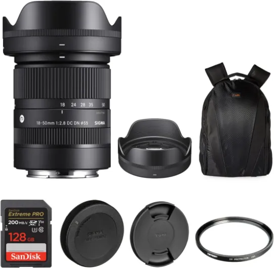 Sigma 18-50mm F2.8 DC DN Contemporary Lens for Sony E-Mount with Tiffen 55mm UV Protector Filter, SanDisk 128GB Extreme PRO UHS-I SDXC Memory Card and Waith Camera Backpack (Bundle Set)