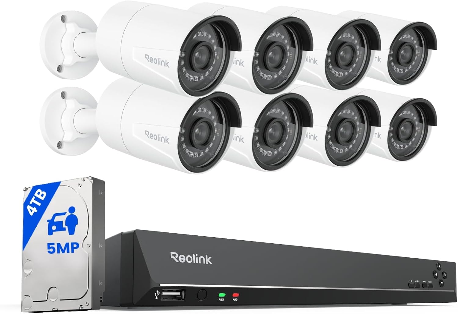 16CH 5MP Home Security Camera System, 8pcs Wired Outdoor PoE IP Cameras with Person/Vehicle/Pet Detection, 8MP 16CH NVR with 4TB HDD for 24-7 Recording, RLK16-410B8-5MP