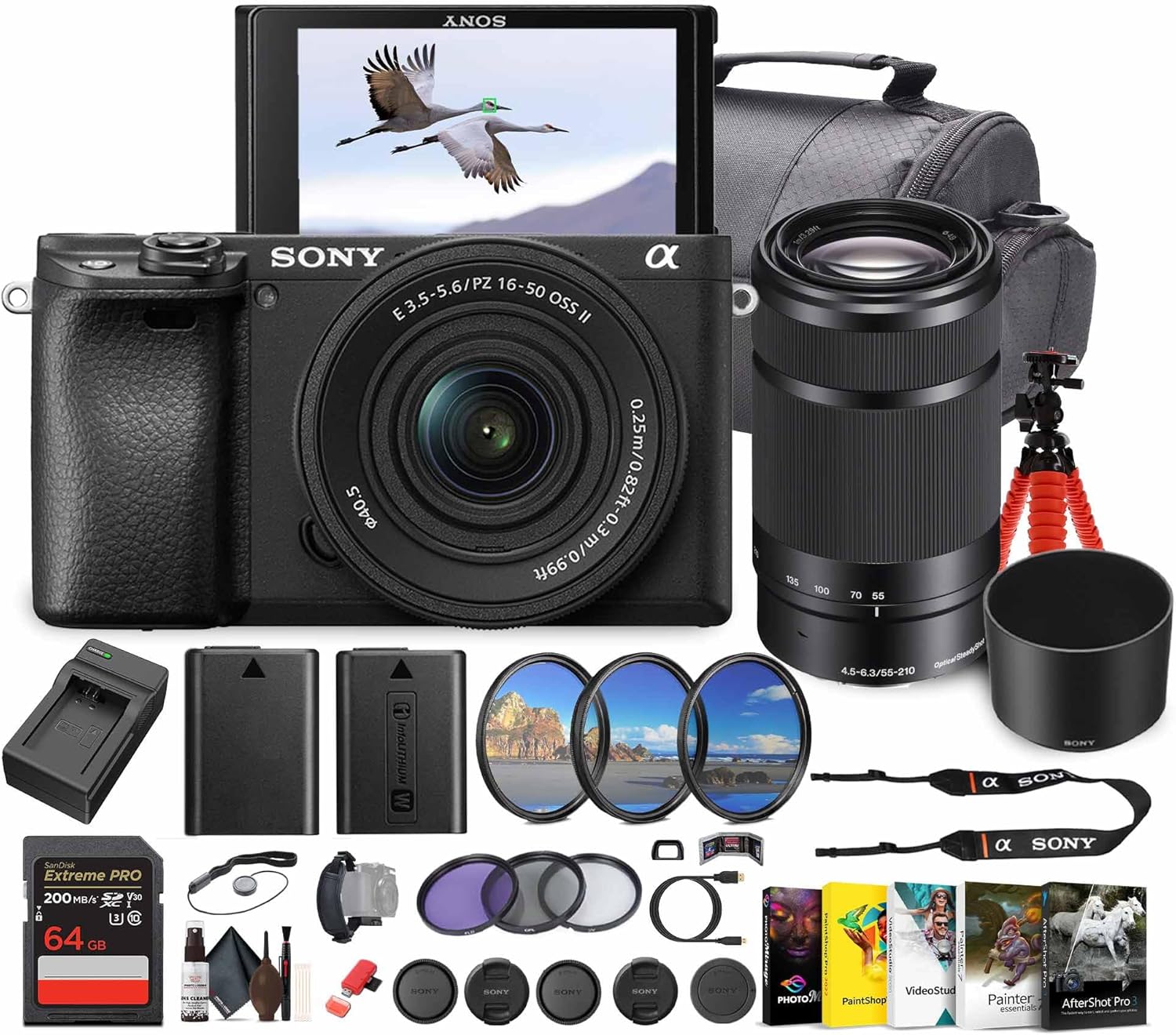 Alpha a6100 Mirrorless Camera with 16-50mm OSS II Lens and 55-210mm Zoom Lenses (ILCE6100XB) + Photography Software + 64GB Memory Card + NP-FW50 Battery + Camera Bag + Charger + More