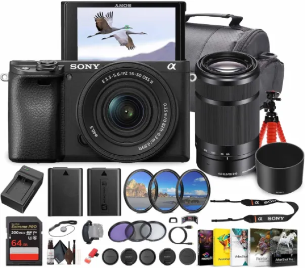 Alpha a6100 Mirrorless Camera with 16-50mm OSS II Lens and 55-210mm Zoom Lenses (ILCE6100XB) + Photography Software + 64GB Memory Card + NP-FW50 Battery + Camera Bag + Charger + More