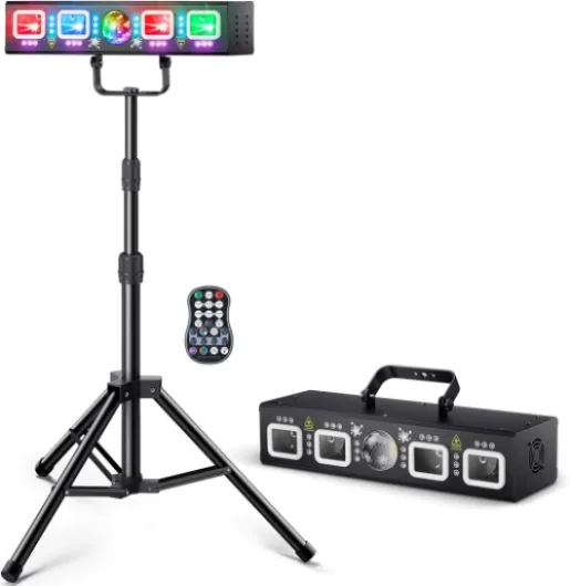 DJ Light with Stand, Pro 6 in 1 DMX & Sound Activated Laser Show Machine with Disco Ball Lights, RGBW & UV Strobe Party Lights with Dj Light Stand for Home Party Gig Bar Stage Lighting 17.2"L x 5.9"W x 8.3"H