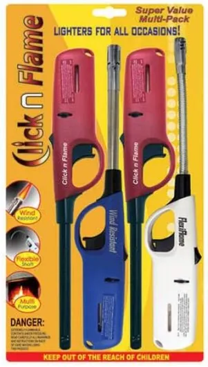 Click n Flame Utility Lighter 4-Pack - Wind Resistant Flexible Shaft Multi Purpose Lighter for BBQ, Kitchen, Candle, Fireplace, Grill