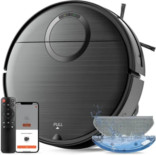 Robot Vacuum and Mop Combo, 2 in 1 Mopping Robotic Vacuum Cleaner with Schedule, Wi-Fi/App/Remote, Strong Suction, Self-Charging, Slim, Ideal for Hard Floor, Pet Hair, Low-Pile Carpet Black