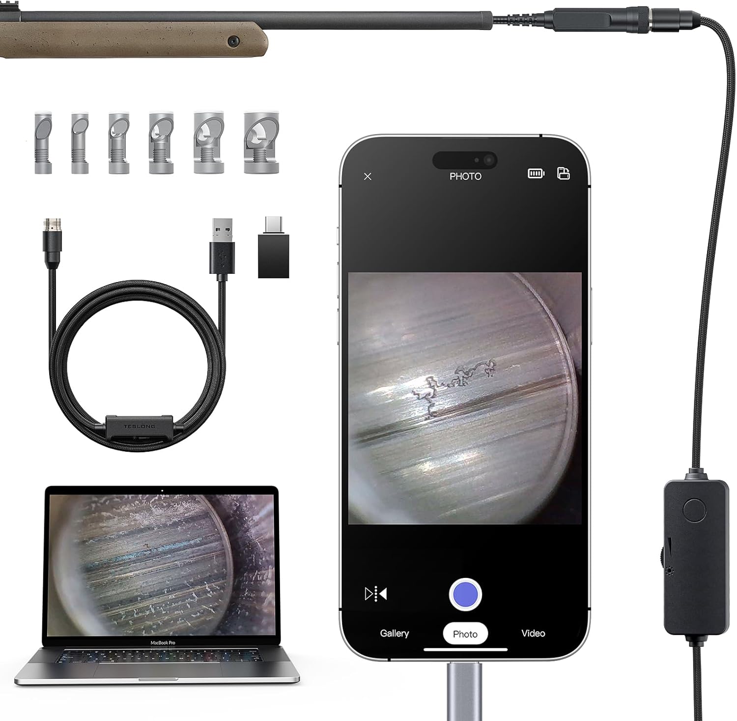 Rifle Borescope for Phone & PC, USB C Bore Scope Camera with Lights & Mirror Set, Fits .20 Caliber & Larger, Flexible Gun Cleaning Camera, Compatible with iPhone 15/16 & USB-C Android Devices