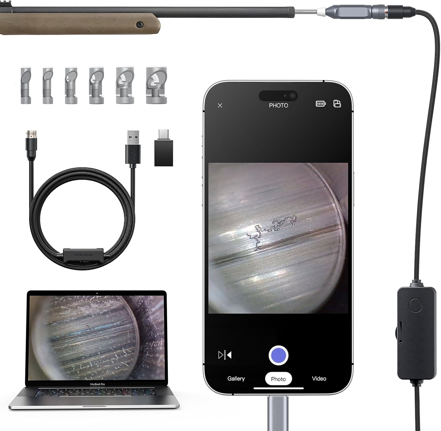 Rifle Borescope for Phone & PC, USB C Gun Bore Scope Cleaning Camera with Lights & Mirror Set, Fits .20 Caliber & Larger, Rigid Probe, Compatible with iPhone 15/16 & USB-C Android Devices