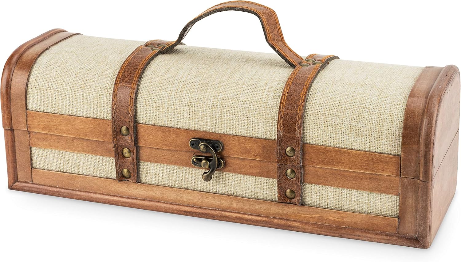 Vintage Trunk Wine Bottle Gift Box, Wood Wine Box with Lid and Handle, Wood, Faux Leather, Brass, Cloth, Holds 1 Bottle Vintage Striped 1 Bottle