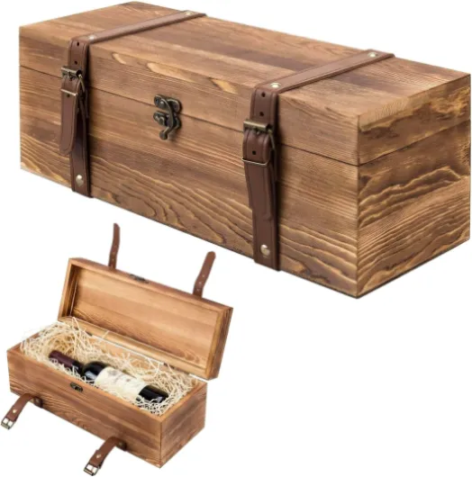 Wooden Wine Gift Box, Whiskey Box with Locking Latch & Leather Straps, for Wedding Champagne, Beer,Vintage Rustic Brown, 14x5x5 Inches
