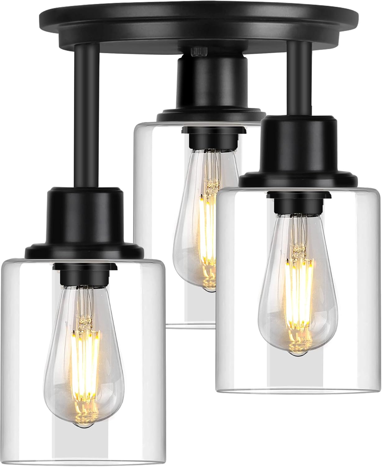 Semi Flush Mount Ceiling Light, 3-Light Close to Ceiling Light Fixtures, Matte Black Kitchen Light Fixtures with Clear Glass Shades, Hallway Light Fixtures Ceiling Mount for Foyer Entryway