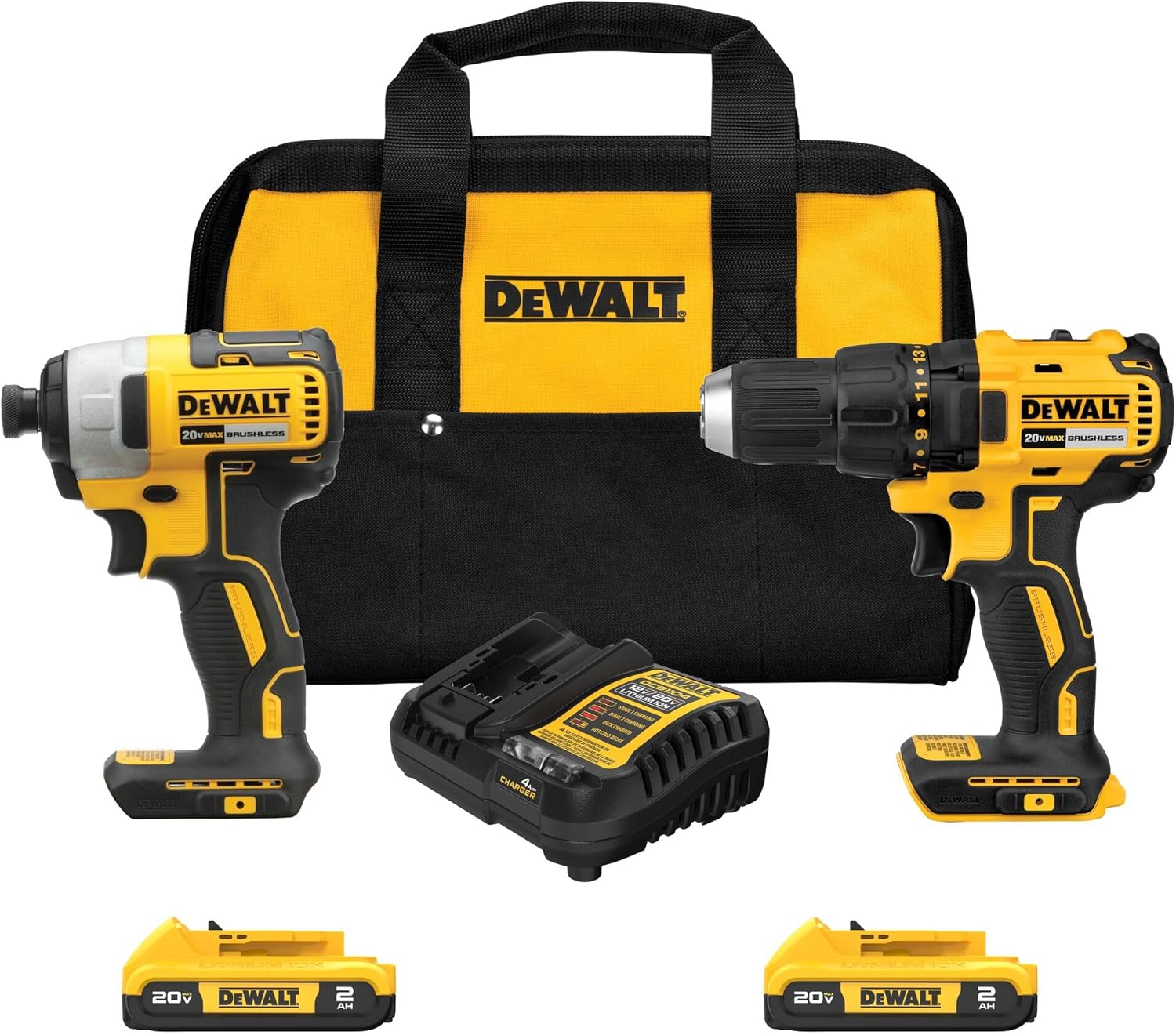 20V MAX Cordless Drill and Impact Driver, Power Drill Brushless 2-Tool Power Tool Combo Kit, Includes 2 Batteries, Charger and Bag (DCK277D2)