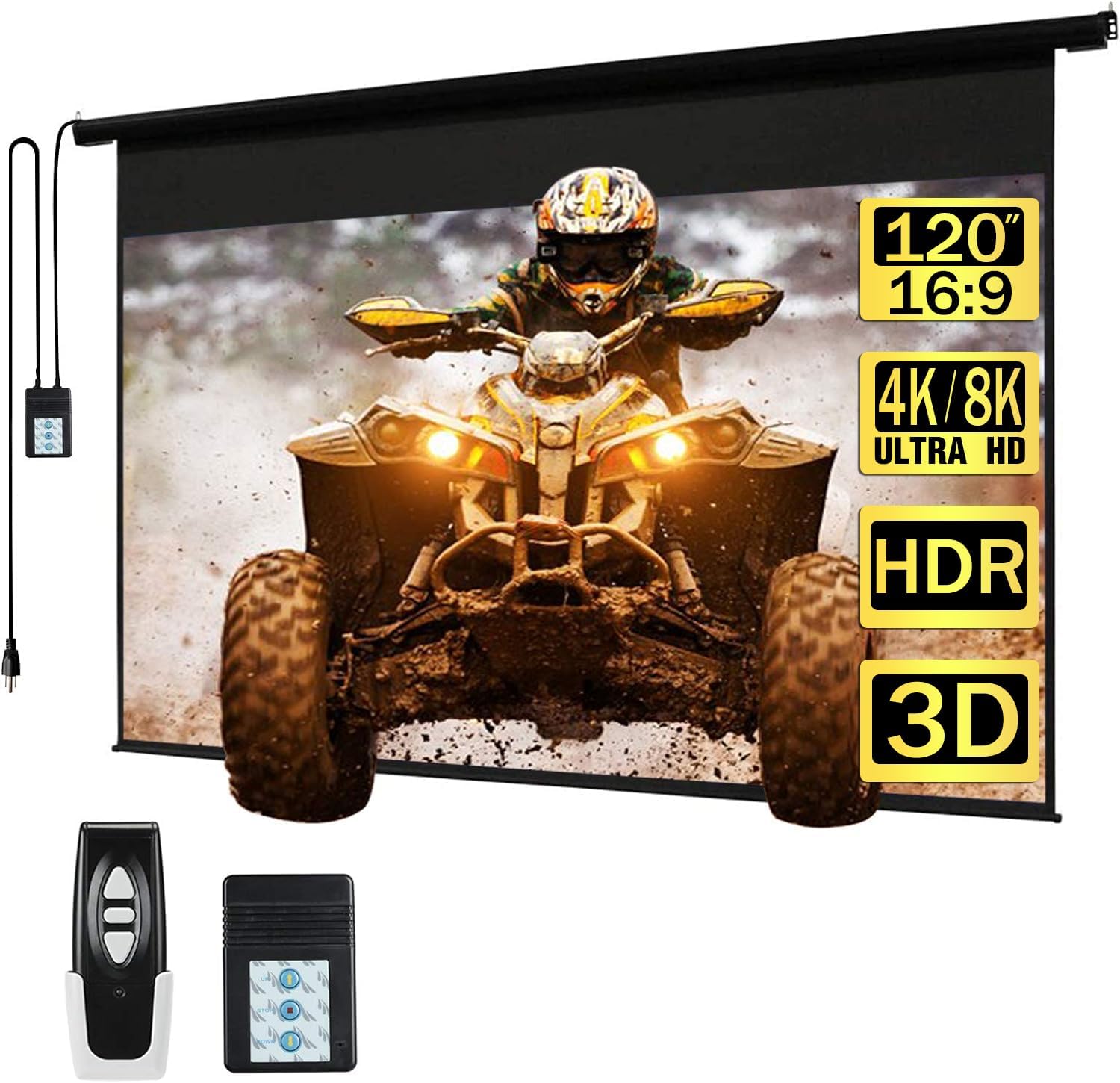 120" Motorized Projector Screen Electric Diagonal Automatic Projection 16:9 HD Movies Screen for Home Theater Presentation Education Outdoor Indoor W/Wireless Remote, Wall/Ceiling Mount (Black) 120"(16:9) Black