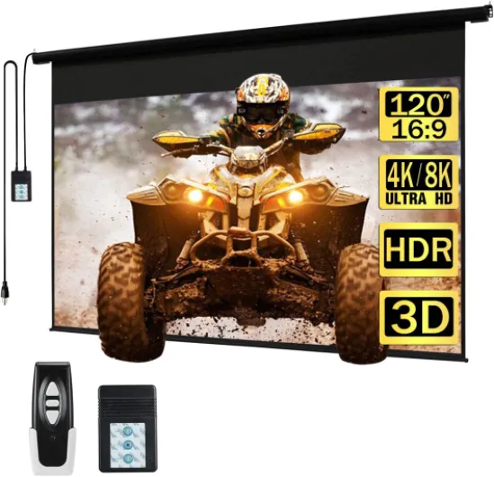 120" Motorized Projector Screen Electric Diagonal Automatic Projection 16:9 HD Movies Screen for Home Theater Presentation Education Outdoor Indoor W/Wireless Remote, Wall/Ceiling Mount (Black) 120"(16:9) Black