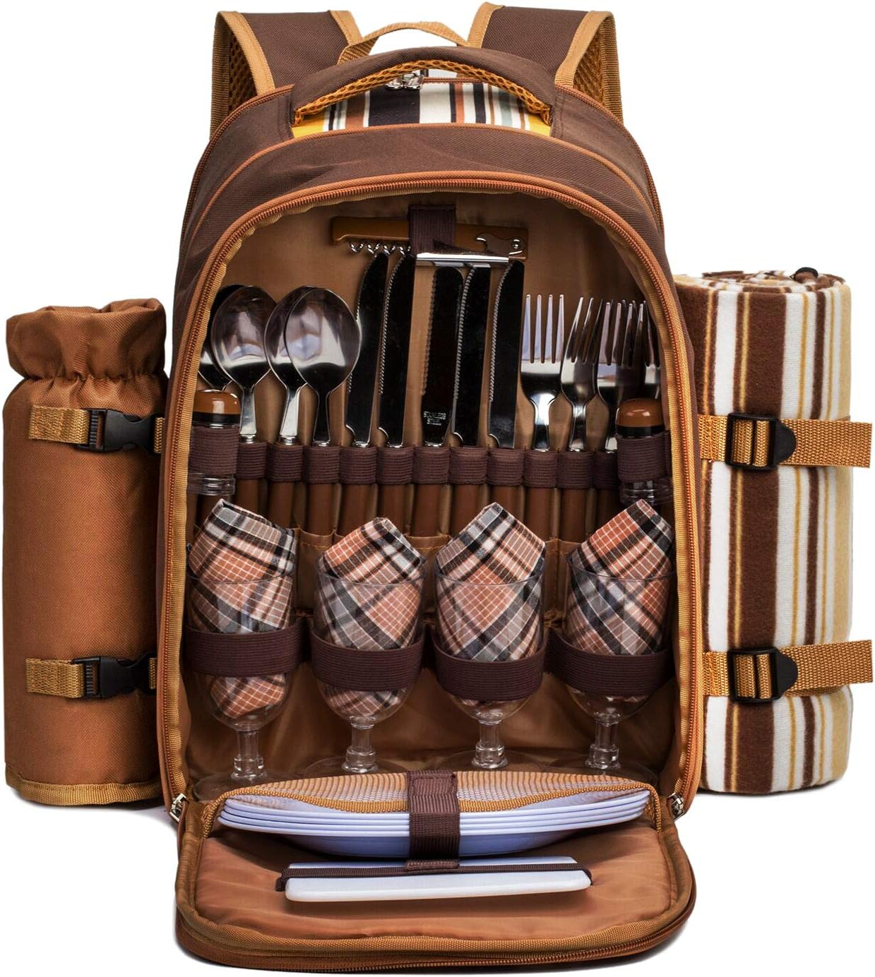 Picnic Backpack Bag for 4 Person with Cooler Compartment,Wine Bag, Picnic Blanket(45"x53"),Best for Family and Lovers Gifts (Brown) 4 Person Brown
