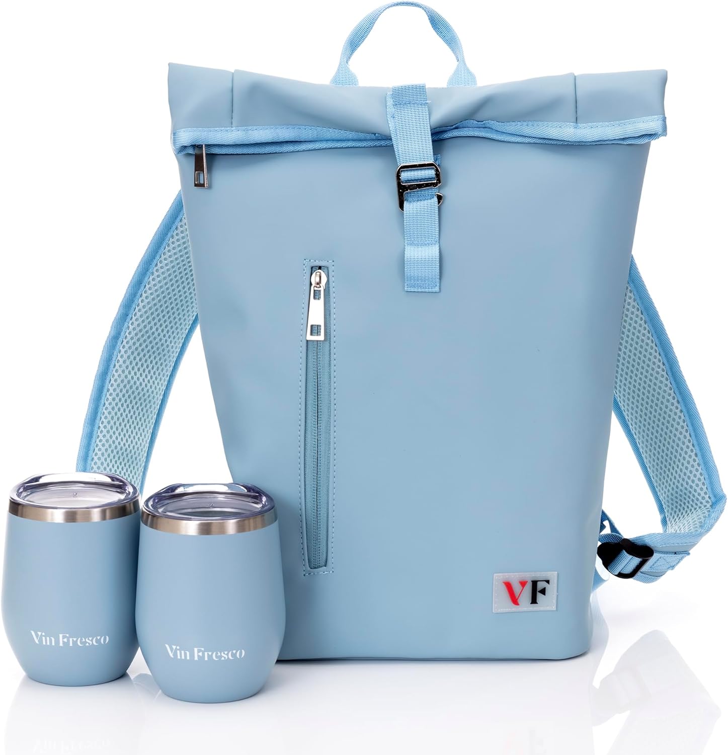 Two Bottle Rolltop Wine Tote Bag – Stylish PU Leather Backpack with Matching Tumblers – Compact & Lightweight Wine Carrier with Padded Straps & Compartments for Travel & Picnics (Light Blue)
