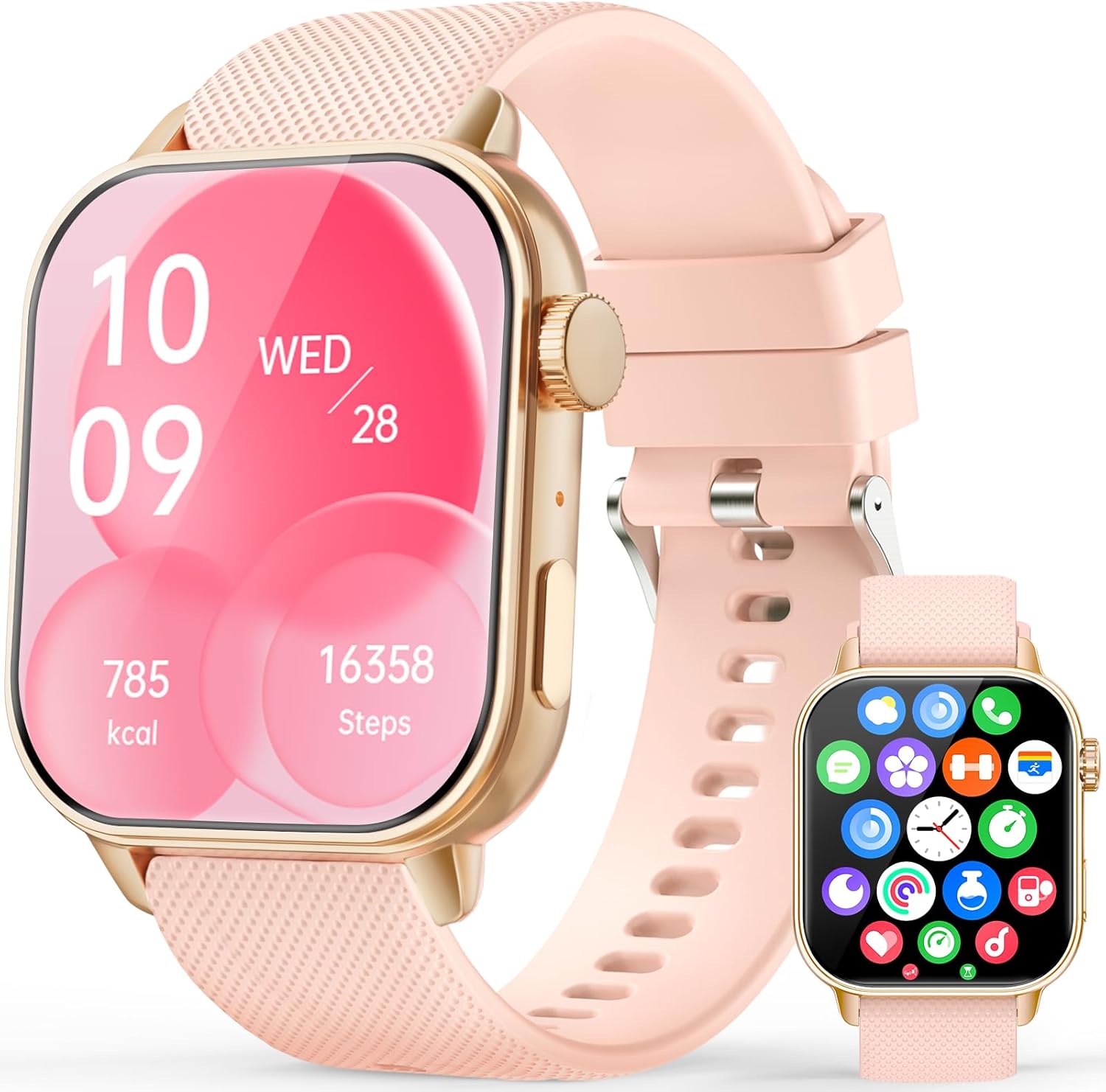 Smart Watch for Men Women, 1.85'' AMOLED HD Fitness Watch with 120+ Sports Modes, Bluetooth Call/Heart Rate/Sleep Monitor/Pedometer, Smartwatch for Android iOS, IP68 Waterproof, Gold Deep Pink Gold