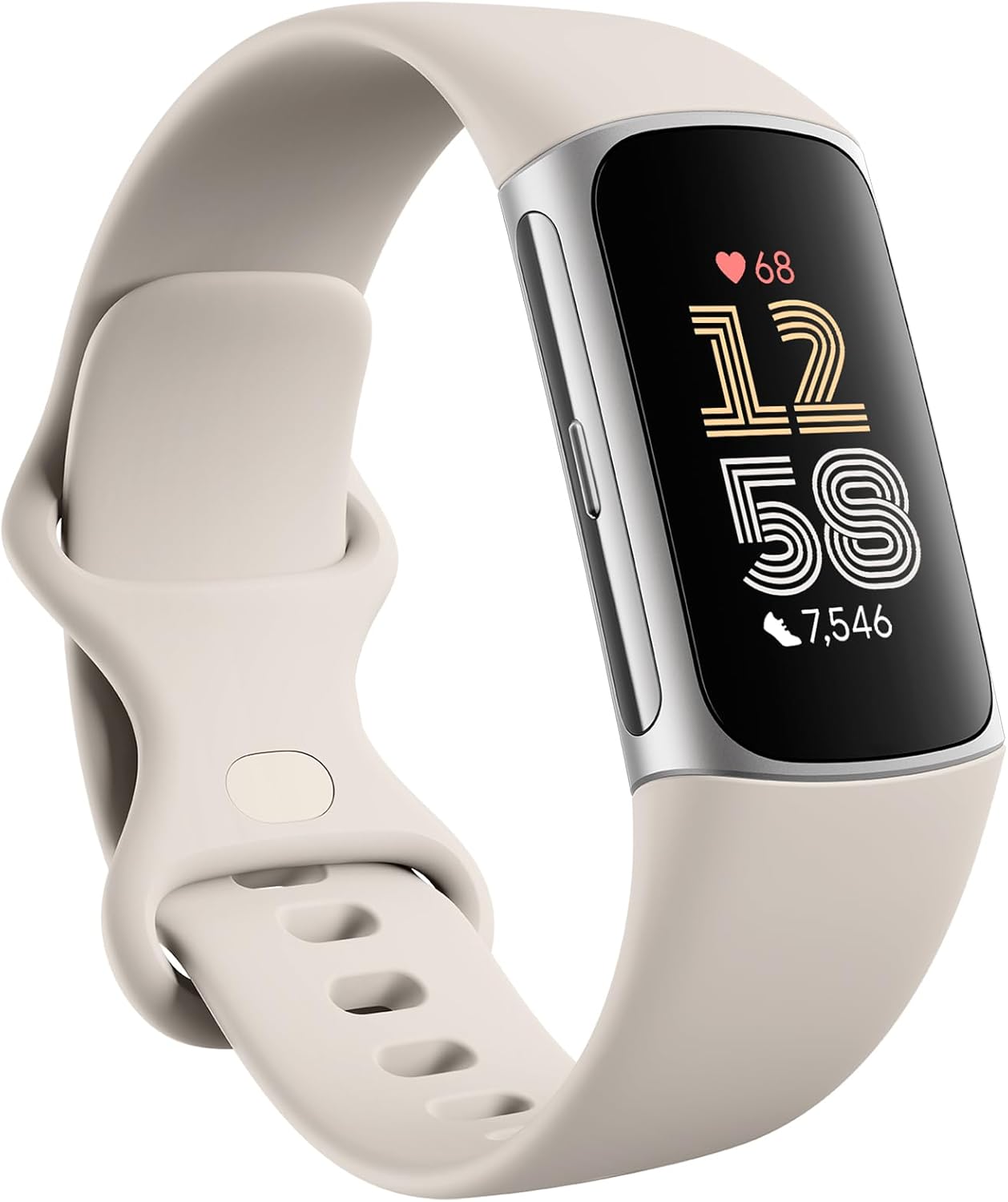 Charge 6 Fitness Tracker with Google apps, Heart Rate on Exercise Equipment, 6-Months Premium Membership Included, GPS, Health Tools and More, Porcelain/Silver, One Size (S & L Bands Included) Silver Case w/ White Band Tracker