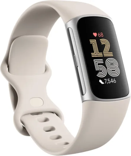 Charge 6 Fitness Tracker with Google apps, Heart Rate on Exercise Equipment, 6-Months Premium Membership Included, GPS, Health Tools and More, Porcelain/Silver, One Size (S & L Bands Included) Silver Case w/ White Band Tracker