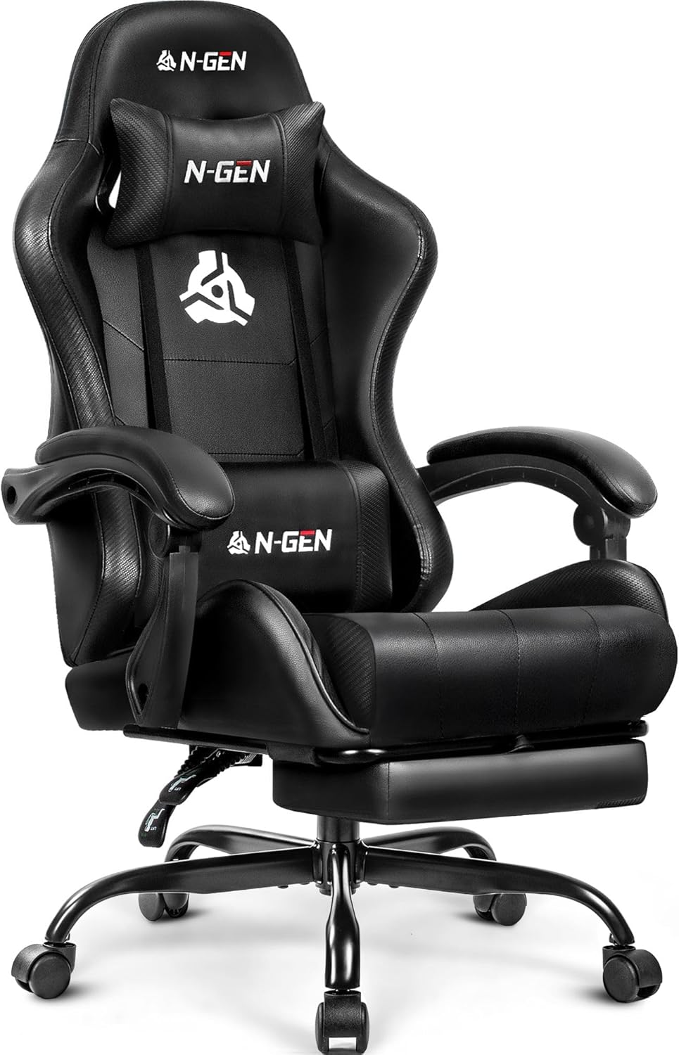 N-GEN GAMING Video Gaming Chair with Footrest Lumbar Support for Home Office High Back Recliner Height Adjustable Ergonomic Comfy Leather Computer Desk Chair (Black) Black Leather
