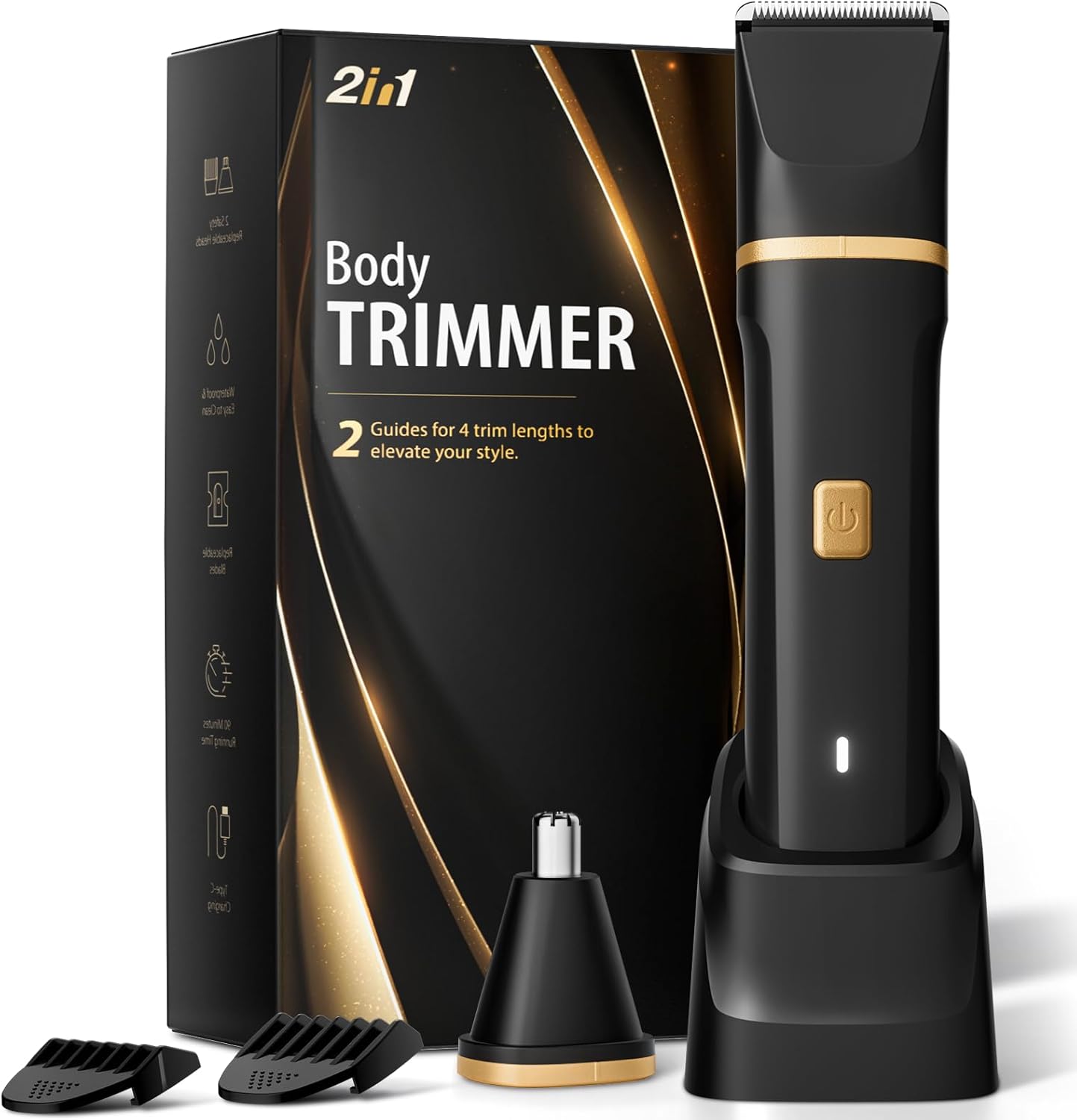 Electric Razor for Men, IPX7 Waterproof Versatile Shaver for Temple, Groin, Nose, Ear Hairs, Beard, Body Hair Trimmer, Painless Grooming Kit with 2 Replaceable Heads, Birthday Gifts for Men 2-in-1 Black