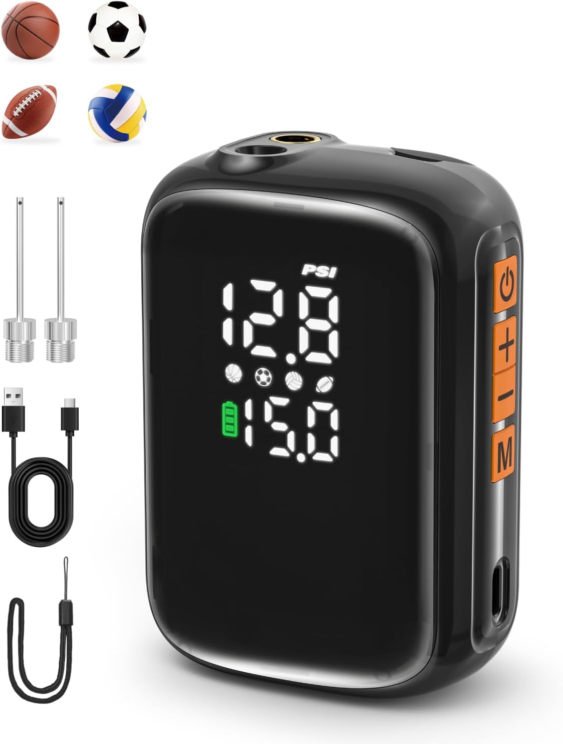 AP1-M Electric Ball Pump: Portable Sports Automatic Ball Air Pump with Digital Precise Pressure Gauge, 15Psi Fast Inflation Basketball Soccer Football Volleyball Rugby Inflator with 2 Needles