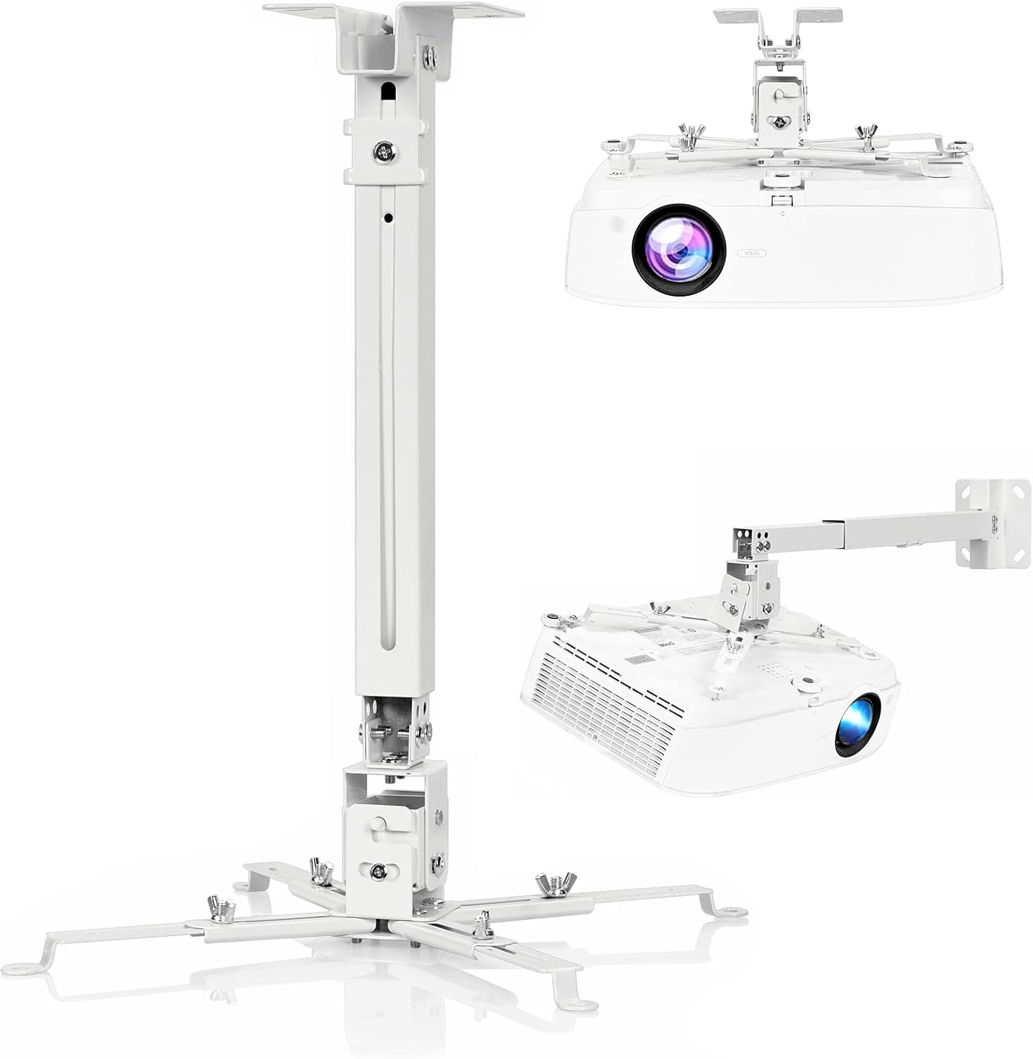 Adjustable Projector Ceiling/Wall Mount - 3-in-1 Universal Bracket for Projector Mounting, Universal Height Adjustable Mount Holder with Extension Pole White