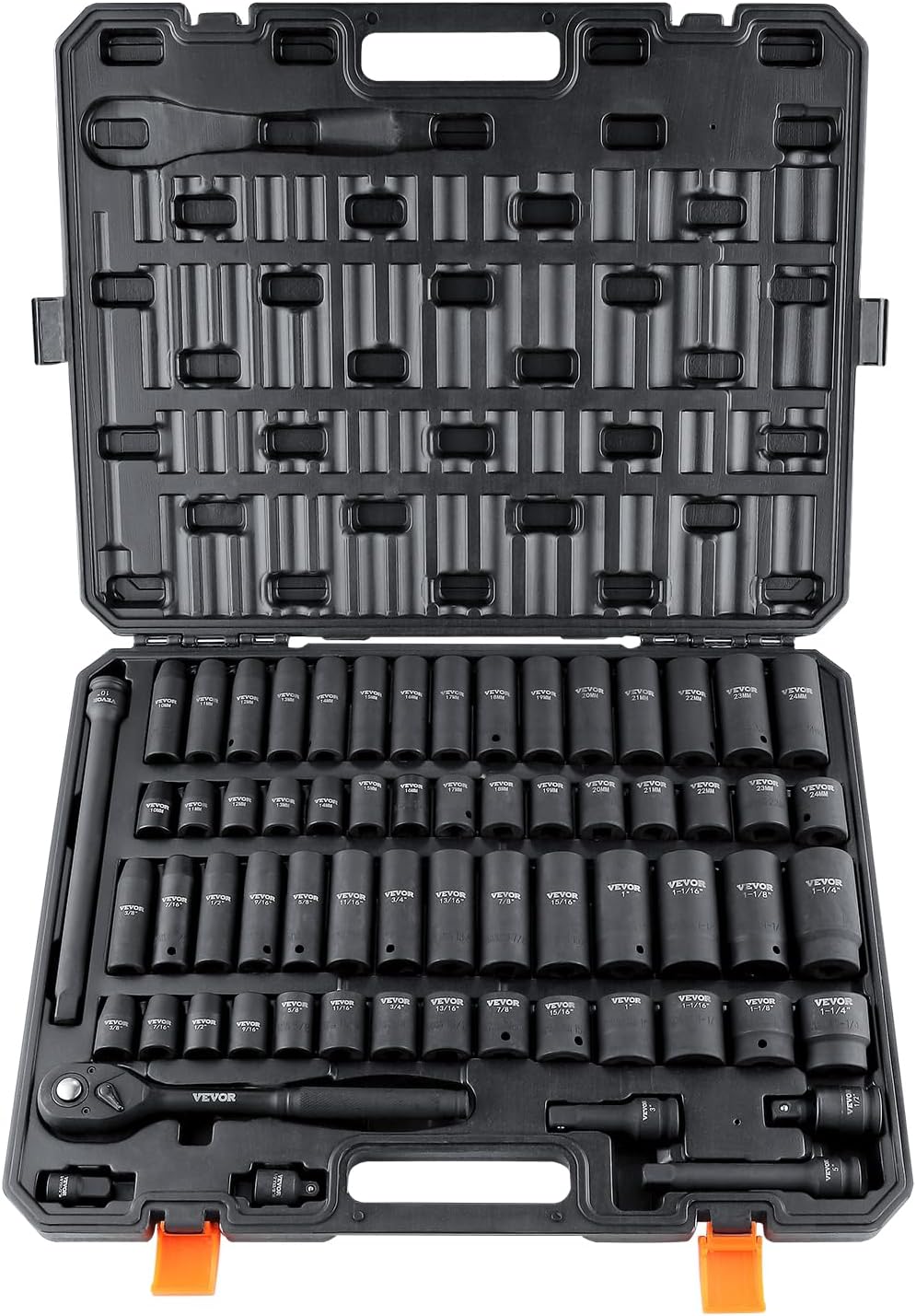 1/2" Drive Impact Socket Set, 65 Piece SAE 3/8" to 1-1/4" and Metric 10-24mm, 6 Point Cr-V Alloy Steel for Auto Repair, Easy-to-Read Size Markings, Rugged Construction, Storage Case 1/2" 65PCS