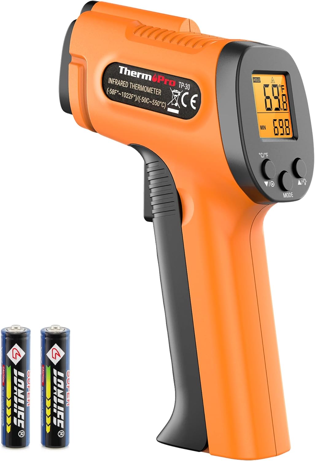 TP30 Infrared Thermometer Gun, Laser Thermometer for Cooking, Pizza Oven, Griddle, Engine, HVAC, Laser Temperature Gun with Adjustable Emissivity & Max Measure -58°F ~1022°F (Not for Human) 1 Laser & D:S 12:1