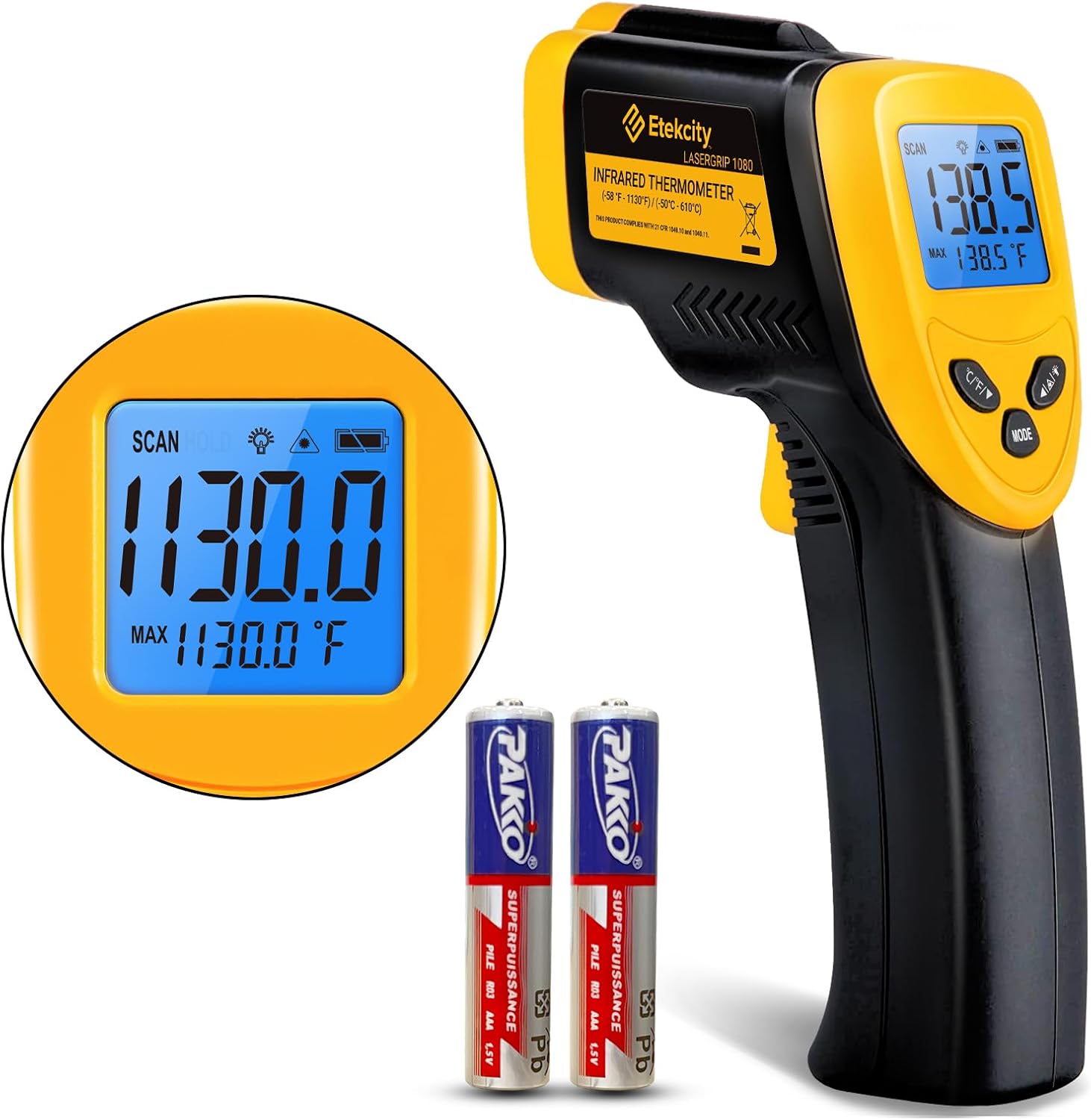 Infrared Thermometer Temperature Gun 1080, -58°F to 1130°F for Meat Food Pizza Oven Griddle Accessories, Heat Gun for Cooking, Kitchen, Fridge, Reptile,BBQ Advanced Yellow