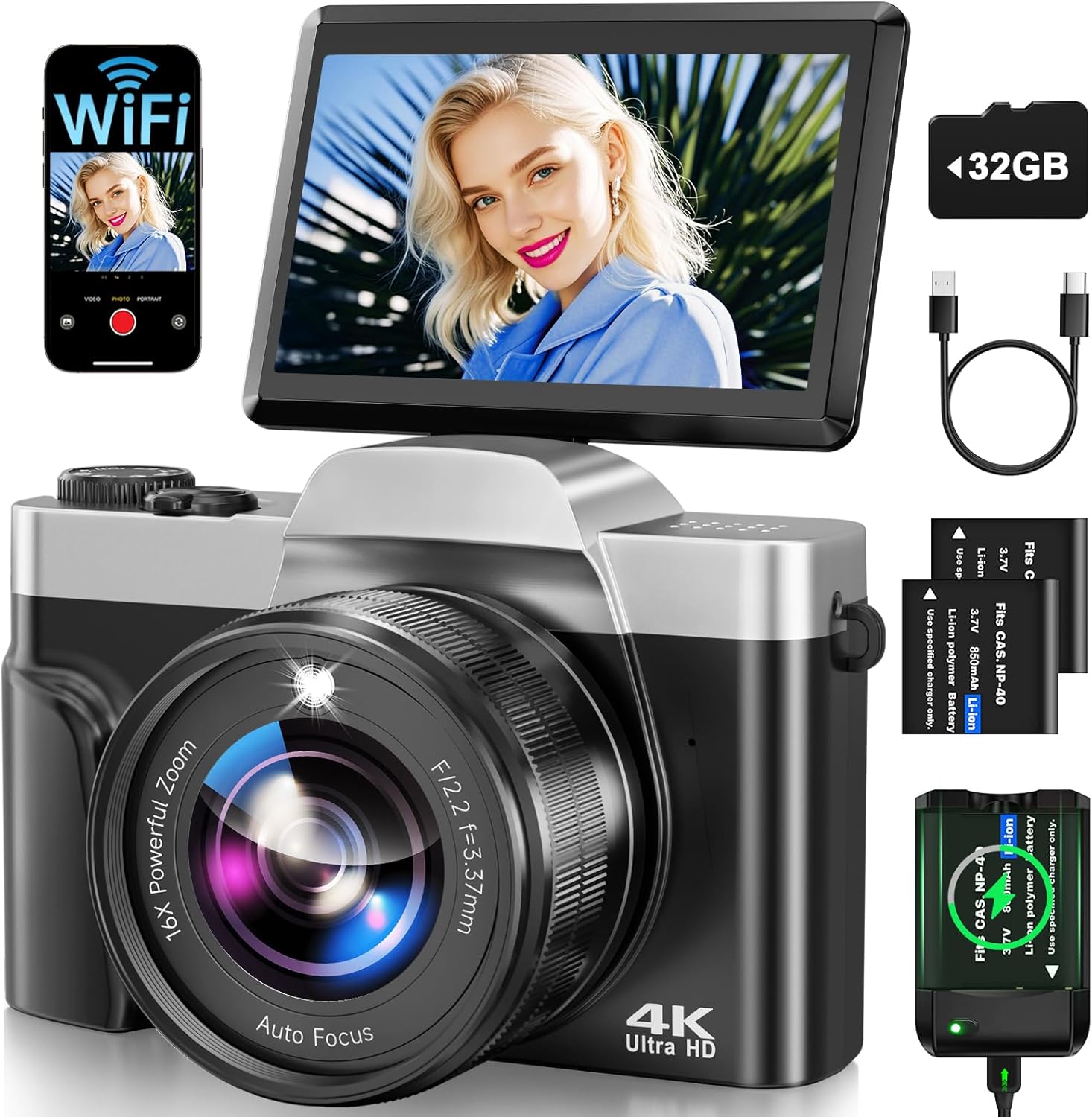 4K Digital Camera for Photography with WiFi 64MP Auto-Focus Vlogging Camera for YouTube Video 3'' 180° Flip Screen 4K Cameras 16X Zoom Anti-Shake Compact Point and Shoot Cameras with SD Card Charcoal
