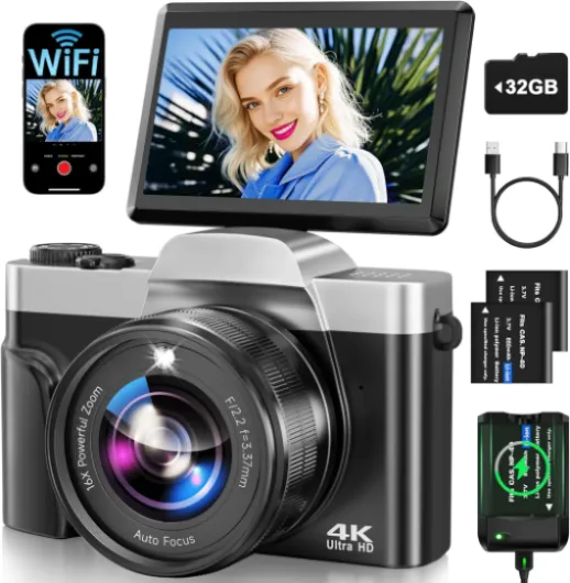 4K Digital Camera for Photography with WiFi 64MP Auto-Focus Vlogging Camera for YouTube Video 3'' 180° Flip Screen 4K Cameras 16X Zoom Anti-Shake Compact Point and Shoot Cameras with SD Card Charcoal