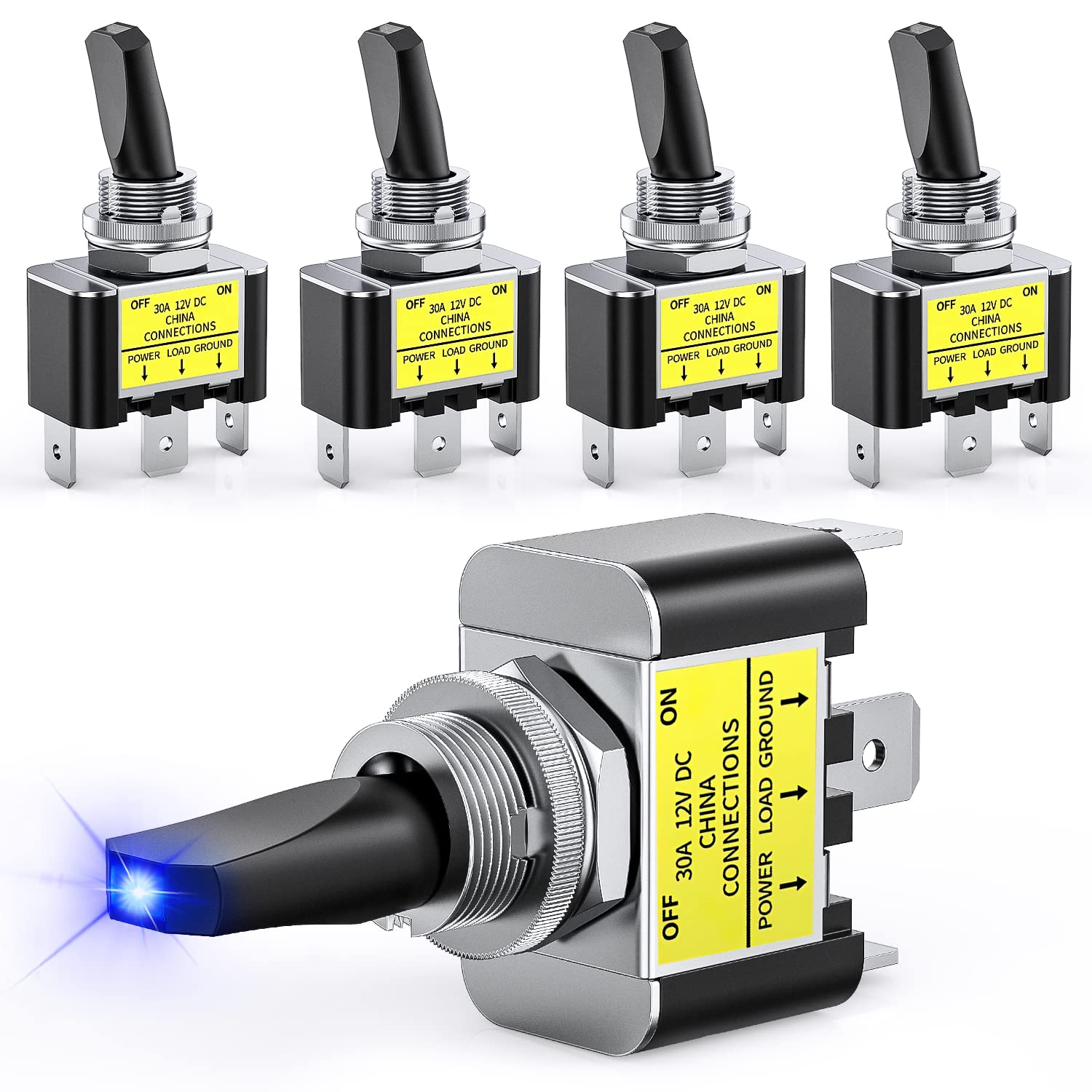 5PCS LED Toggle Switch ON Off 12V 30A Blue LED Lighted Metal Switch Heavy Duty SPST 3 Pin Rocker Switch 12mm Mounting Hole for Automotive Cars Trucks Boats Racing Cars,2 Years Warranty 3Pin Led Toggle Switch Blue