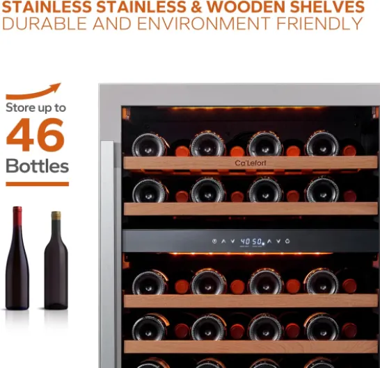 Ca'Lefort Wine Fridge & Cooler - 24 Inch 46 Bottle Wine Cooler Refrigerator, 40-65°F Dual Zone Wine Refrigerator Glass Door, 3 LED Built-in or Freestanding Fridge for Home/Bar/Kitchen (5.65 cu.ft) 24 Inch-Dual Zone 46 Bottle(5.65 cu.ft)