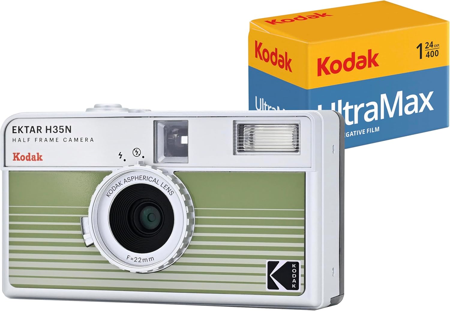 EKTAR H35N Half Frame Film Camera Bundle with Kodak Ultramax 400/24EXP 35mm Roll Film (Striped Green, Bundle) Striped Green Bundle