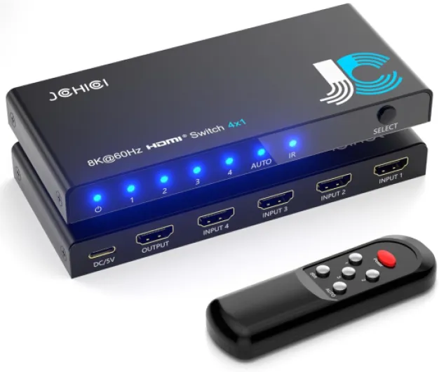 HDMI 2.1 Switch 4 in 1 Out 8K@60Hz 4K@120Hz, 4 Ports HDMI Switcher Splitter Selector with Remote, Support HDCP 2.3 HDR 10+ Dolby Vision/Atmos 48Gbps CEC for Apple TV Game PC PS Pro Xbox Roku 8K HDMI Switcher 4 port