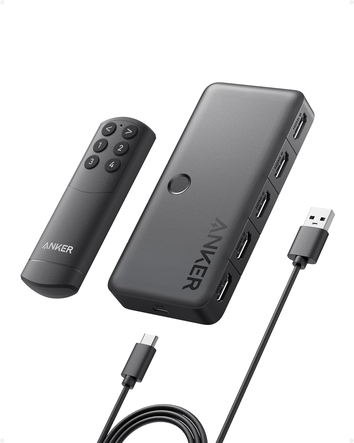 HDMI Switch, 4K@60Hz HDMI Switcher, 4 in 1 Out with Smooth Finish, Supports HDR, 3D, Dolby, DTS, Compatible with Laptops, PC, Xbox, Projector (Charger and Remote Control Batteries Not Included)