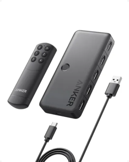 HDMI Switch, 4K@60Hz HDMI Switcher, 4 in 1 Out with Smooth Finish, Supports HDR, 3D, Dolby, DTS, Compatible with Laptops, PC, Xbox, Projector (Charger and Remote Control Batteries Not Included)