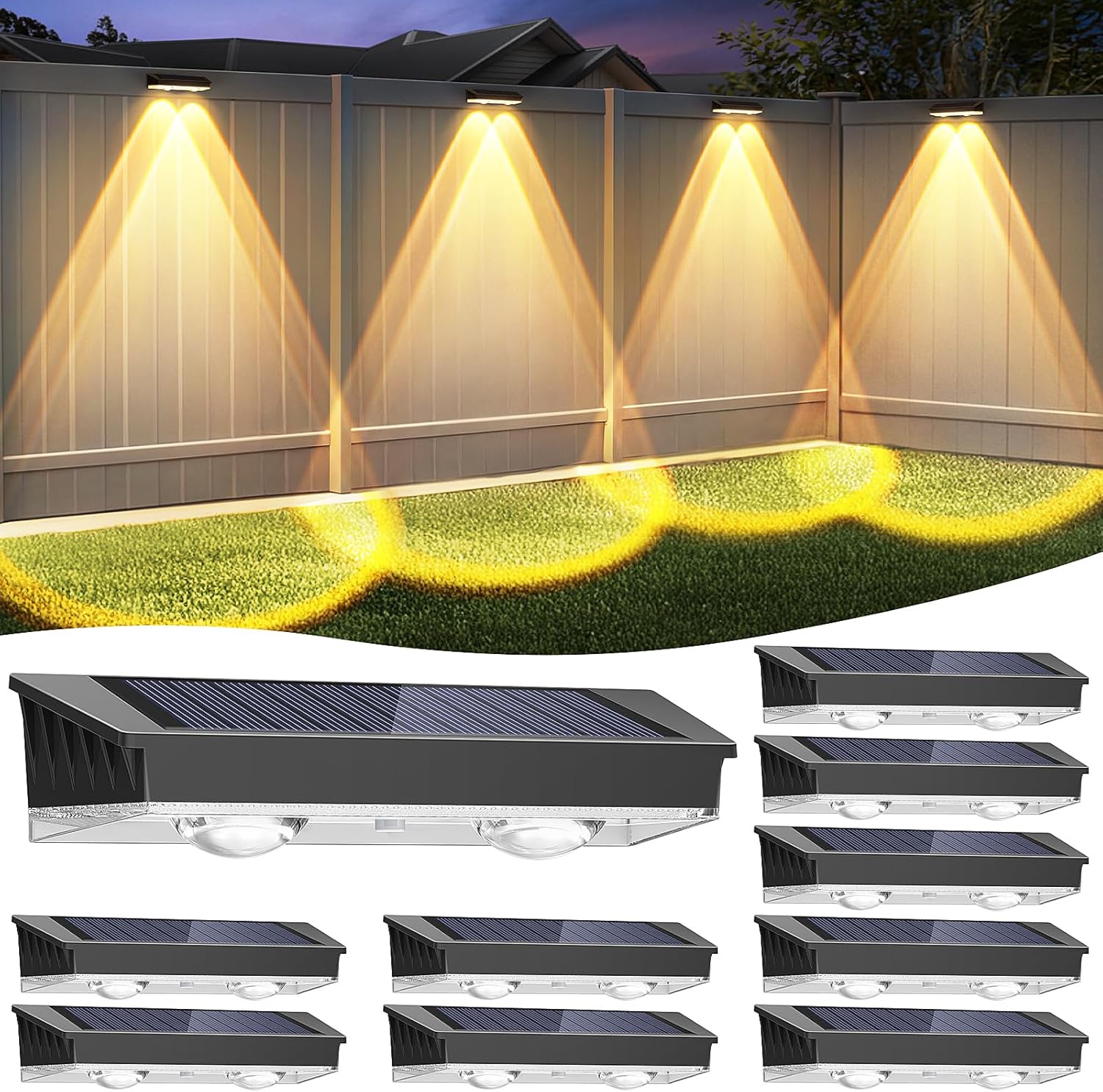 Solar Fence Lights Outdoor, 10 Pack Warm/Neutual/Cool White Fence Lights Solar Powered with 2 LED, IP65 Waterproof, Deck Lighting for Backyard, Patio, Wall, Railing, Pool, Stair