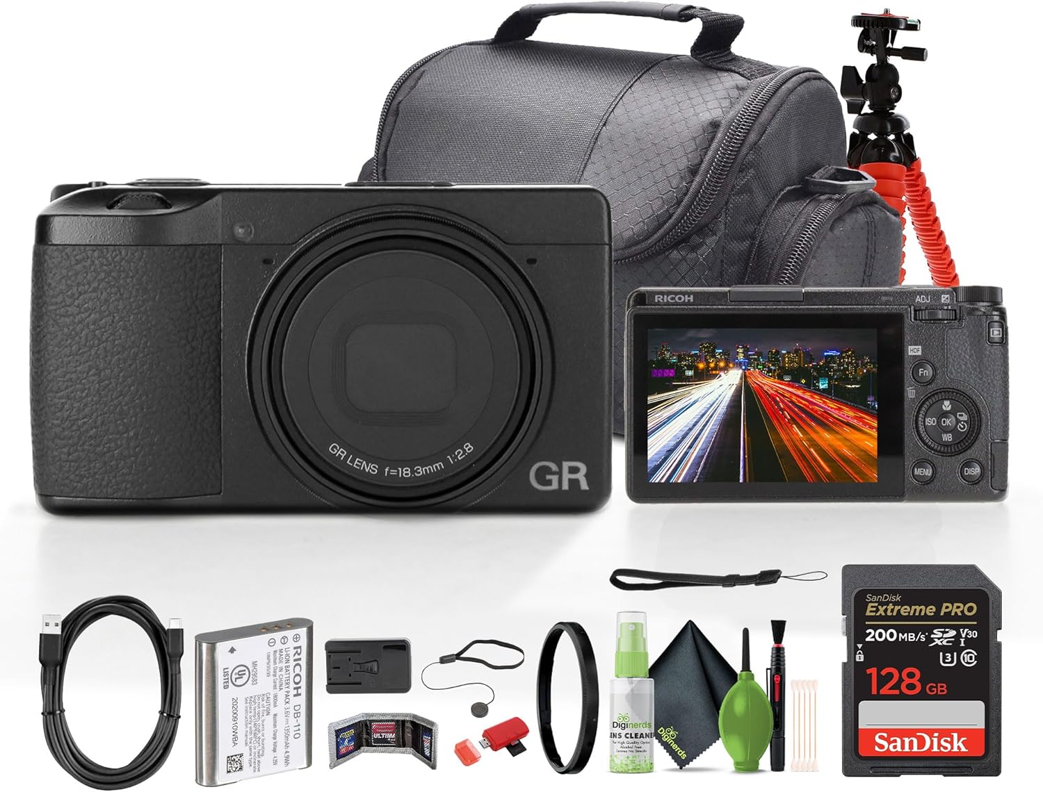 GR III HDF Compact Portable Digital Camera (01272) + 64GB Memory Card + Camera Bag + Flexible Tripod + Cleaning Kit + Card Wallet + Card Reader + Lens Cap