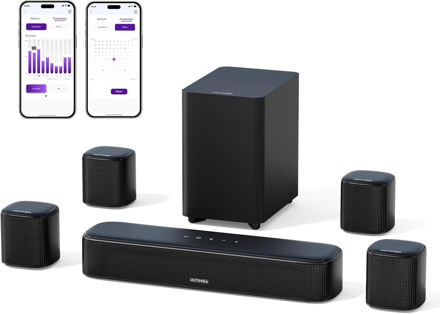 7.1ch Virtual Surround Sound Bar, Sound Bar for Smart TV with 4 Surround Speakers, Peak Power 330W, Surround Sound System for TV, App Control, TV Soundbar with Subwoofer, Opt/AUX/BT, Aura A40 U2601