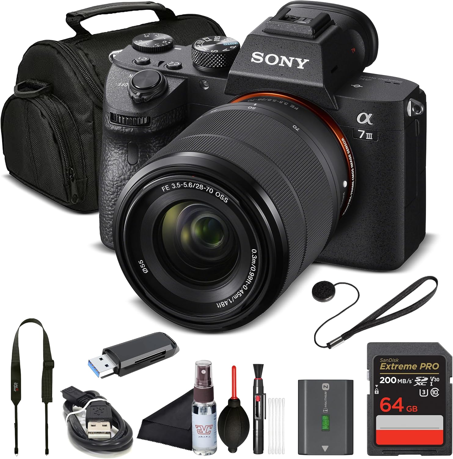 Alpha 7 III Full Frame Mirrorless Camera Kit with 28-70mm Lens - 24.2MP Digital Camera for Professional Photography and 4K Video (ILCE7M3K/B) with Bag, 64GB Card, Memory Card Reader and More