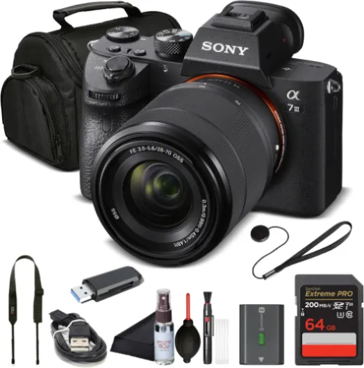 Alpha 7 III Full Frame Mirrorless Camera Kit with 28-70mm Lens - 24.2MP Digital Camera for Professional Photography and 4K Video (ILCE7M3K/B) with Bag, 64GB Card, Memory Card Reader and More