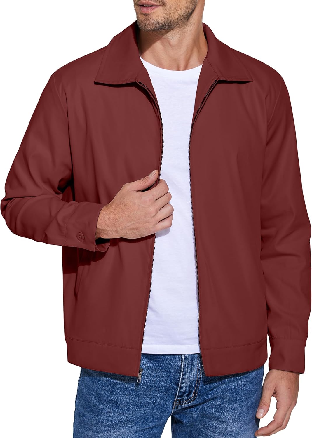 Men's Lightweight Zip Up Jacket Eisenhower Work Office Jackets Casual Golf Outwear Medium Wine Red