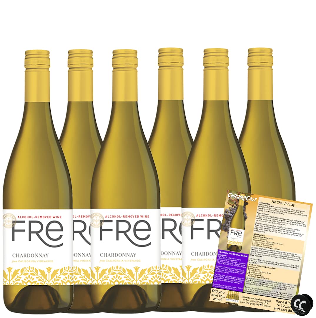 Fre Chardonnay Non-Alcoholic White Wine Experience Bundle with Chromacast Phone Grip, Seasonal Wine Pairings & Recipes, 750ML btls, 6-Pack 6 PACK