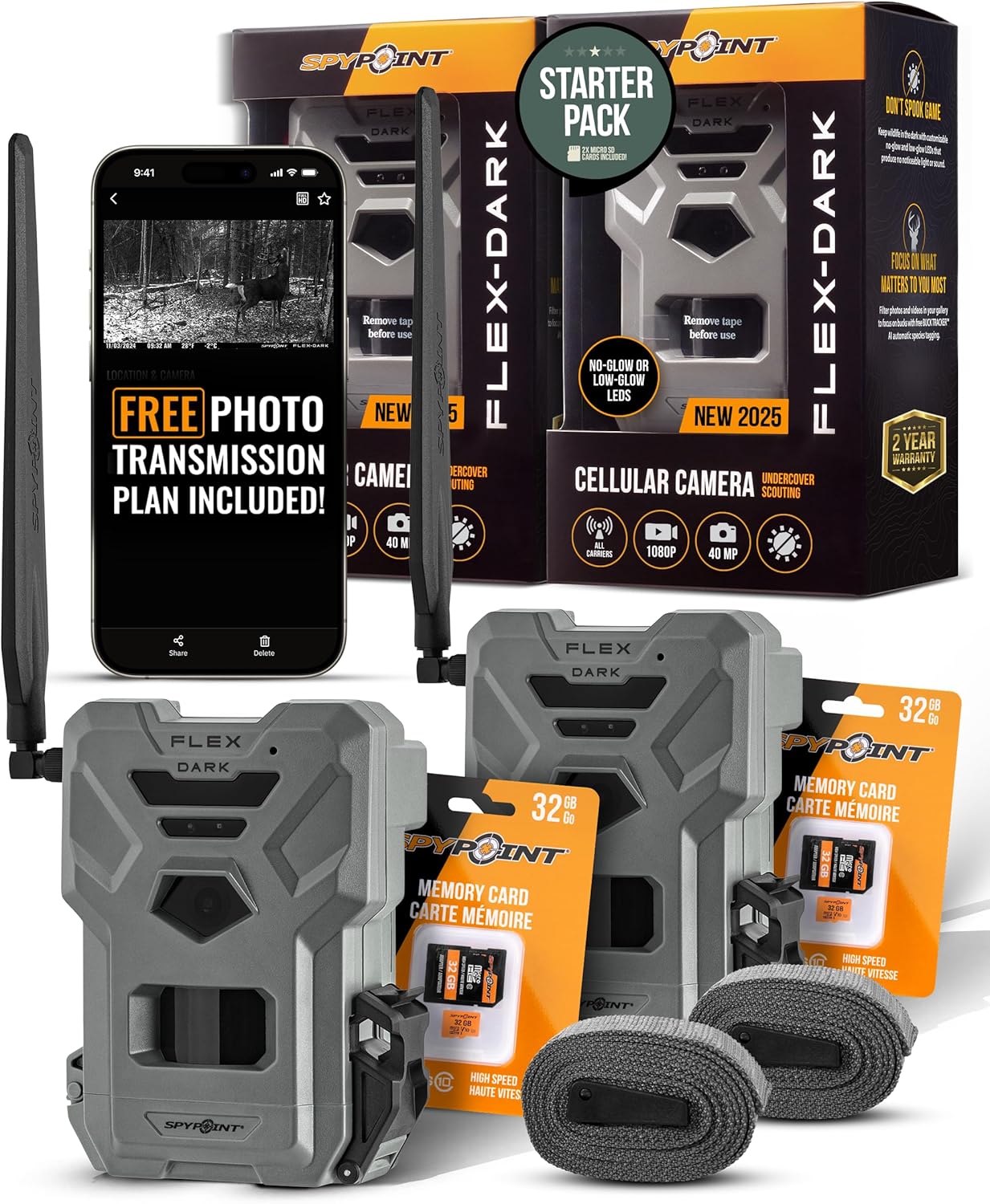 Flex-Dark Twin Starter Pack with 2 SD Card - Cellular Trail Camera, 40MP Photos, 1080p Video + Sound, No-Glow Game Camera, Hunting Night Vision, Motion Activated,100ft Detection Pack of 2 Starter Pack- SD