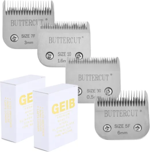 Geib Buttercut Detachable Replacement Dog Clipper Blade - 4 Pack, Sizes #30, #10, 5F, 7F, Stainless Steel Long-Lasting Sharp Edges, Compatible with Andis A5, Oster A5, Wahl KM10, Dog Grooming Blade