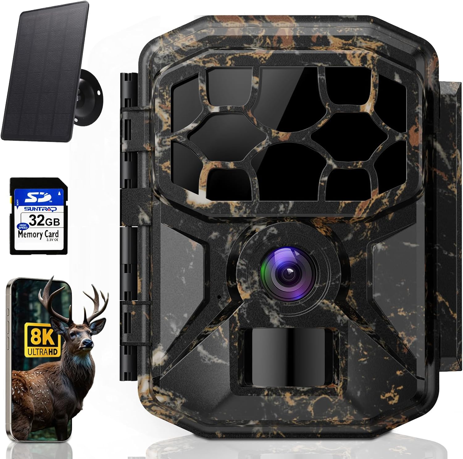 Trail Camera - Solar 8K 60MP WiFi Game Camera with 0.1S Motion Activated, 65FT Detection Distance, No Glow HD Night Vision, IP66 Waterproof, 32GB Card Included for Wildlife Monitoring - 8K Trail Camera