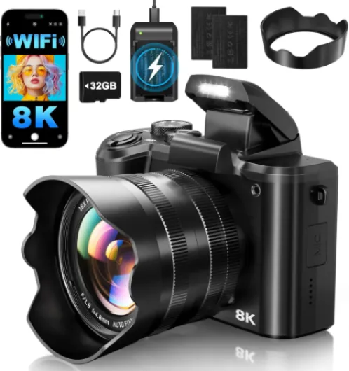8K Digital Cameras for Photography Autofocus 88MP WiFi Professional 16X Digital Zoom Photography Camera with Dual-Lens for YouTube with Lens Hood, Touch Screen, 2 Batteries & Charging Stand Black