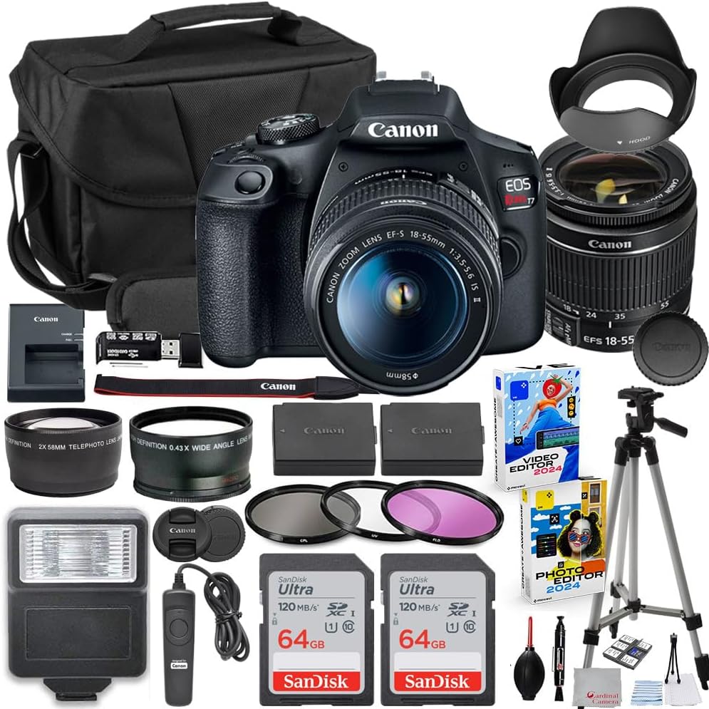 EOS Rebel T7 DSLR Camera with 18-55mm Lens Bundle with Extra Canon Battery + 2X 64GB Memory Cards + Accessory Kit Including Bag, Flash, Remote, Aux Lenses, Software & More