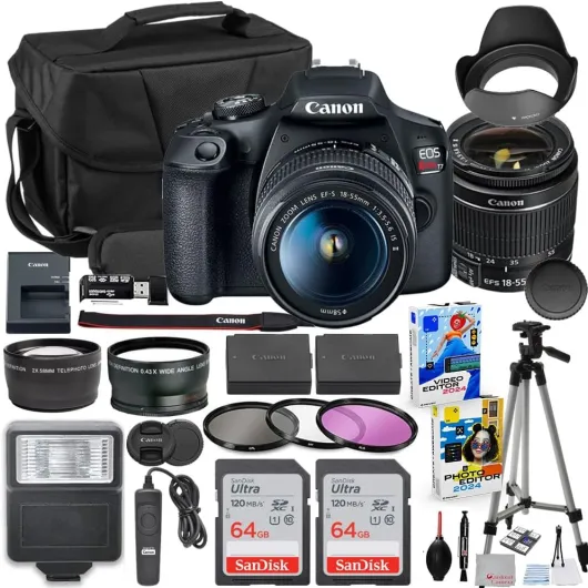 EOS Rebel T7 DSLR Camera with 18-55mm Lens Bundle with Extra Canon Battery + 2X 64GB Memory Cards + Accessory Kit Including Bag, Flash, Remote, Aux Lenses, Software & More